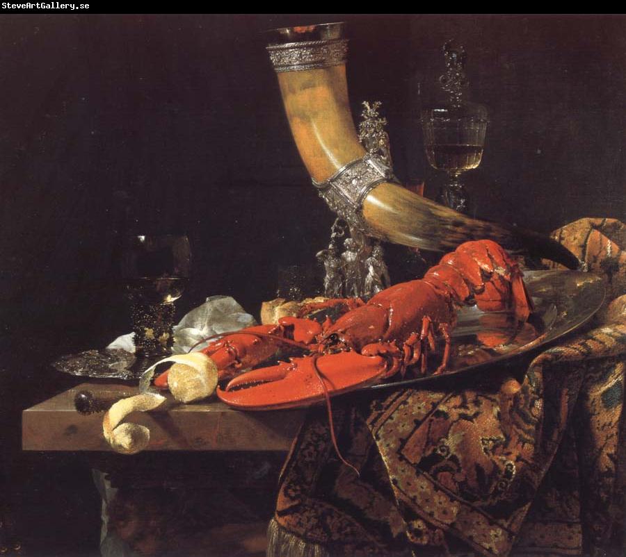 Willem Kalf Still Life with the Drinking-Horn of the Saint Sebastian Archers-Guild,Lobster and Glasses